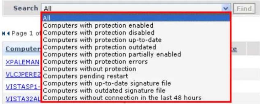 Search All All Computers with protection enabled Computers with protection disabled Computers with protection up-to-date Computers with protection outdated Computers with protection partially enabled Computers with protection errors Computers without protection Computers pending restart Computers with up-to-date signature file Computers with outdated signature file Computers without connection in the last 48 hours