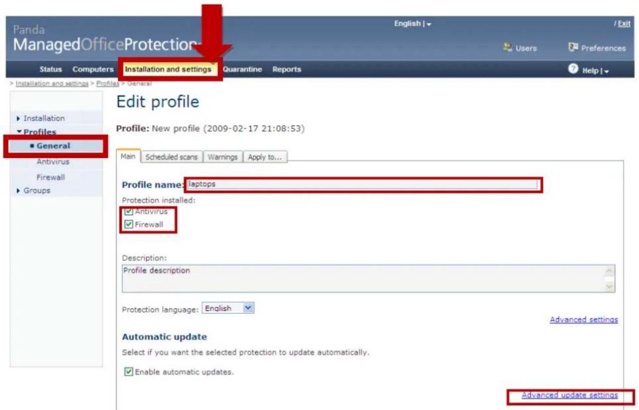 Panda ManagedOfficeProtection Status Computers Installation and settings Quarantine Reports Help | Installation and settings General Installation Profiles Antivirus Firewall Groups Edit profile Profile: New profile (2009-02-17 21:08:53) Main Scheduled scans Warnings Apply to... Profile name: laptops Protection installed: Antivirus Firewall Description: Profile description Protection language: English Advanced settings Automatic update Select if you want the selected protection to update automatically. Enable automatic updates. Advanced update settings