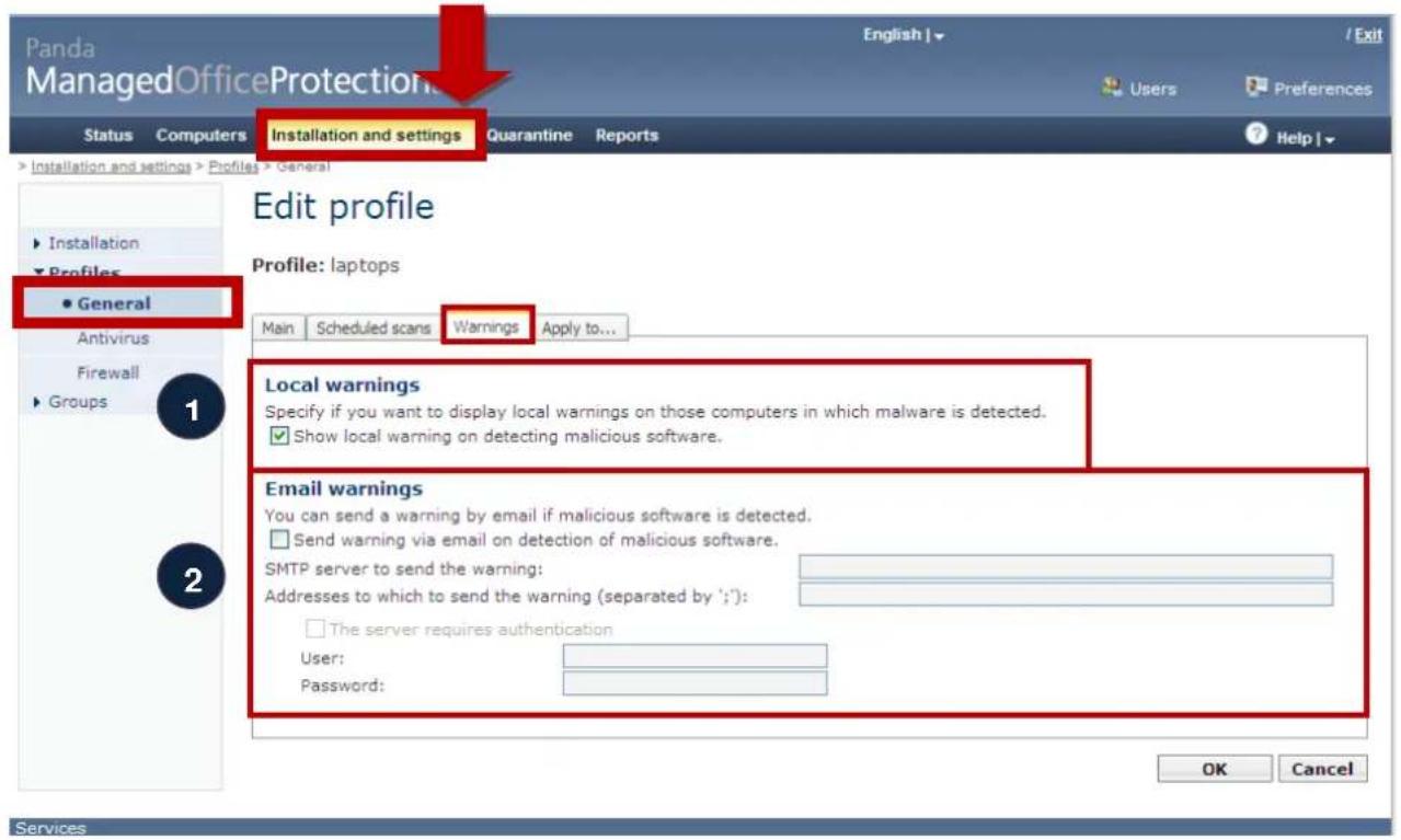 Panda ManagedOfficeProtection Status Computers English | / Exit Users Preferences Installation and settings Quarantine Reports Help | Installation and settings > Profiles > General Edit profile Profile: laptops Main Scheduled scans Warnings Apply to... Local warnings Specify if you want to display local warnings on those computers in which malware is detected. ✓ Show local warning on detecting malicious software. Email warnings You can send a warning by email if malicious software is detected. □ Send warning via email on detection of malicious software. SMTP server to send the warning: Addresses to which to send the warning (separated by ';'): □ The server requires authentication User: Password: OK Cancel Services