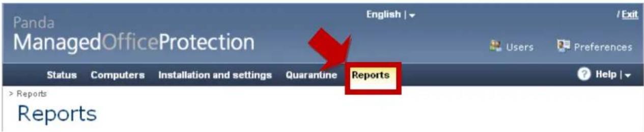 Panda ManagedOfficeProtection English | / Exit Users Preferences Status Computers Installation and settings Quarantine Reports ? Help | > Reports Reports