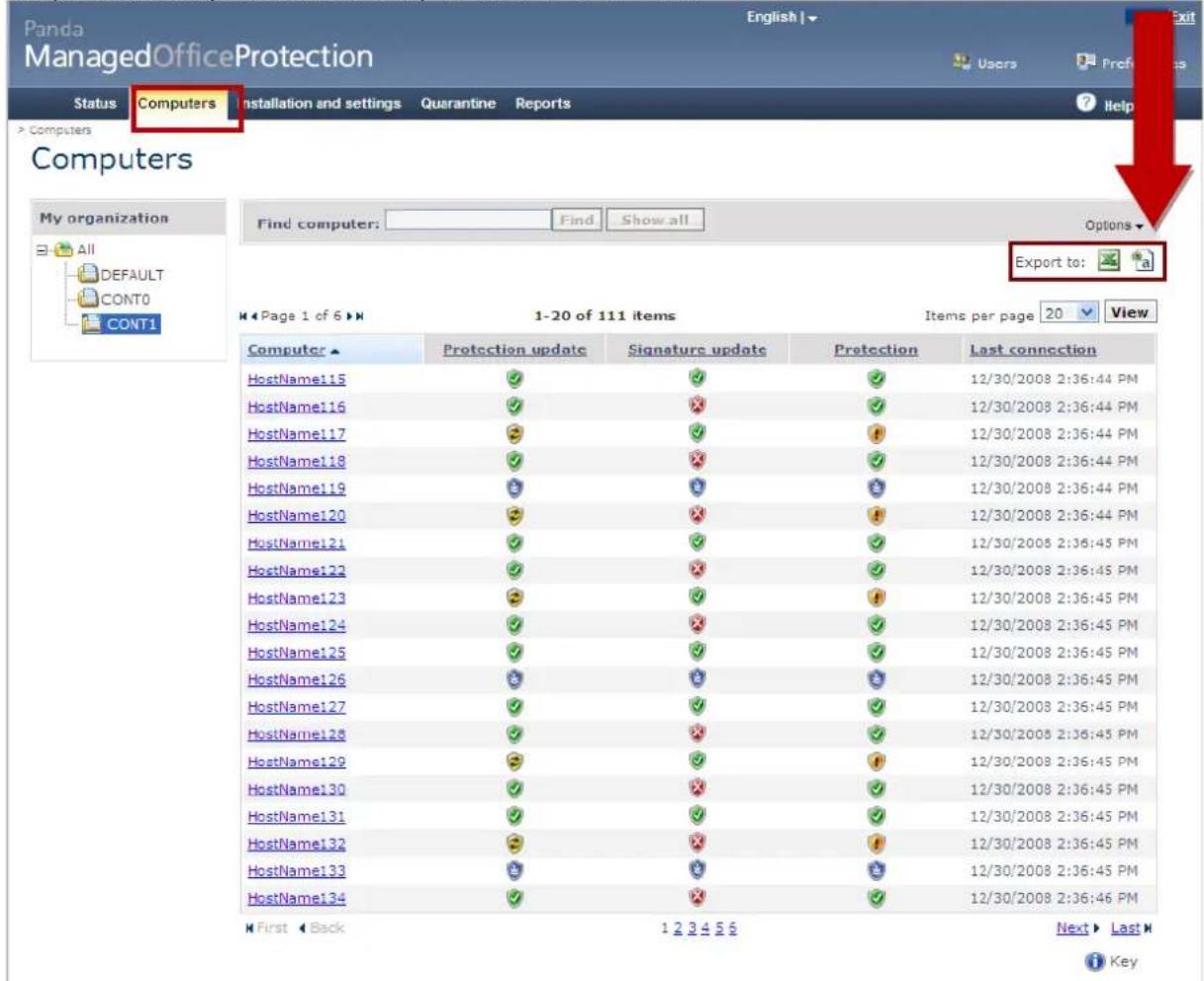 Panda ManagedOfficeProtection Status Computers Installation and settings Quarantine Reports Help Computers My organization All DEFAULT CONT0 CONT1 Find computer: Find Show all Options Export to: Page 1 of 6 Page 1-20 of 111 items Items per page 20 View Computer Protection update Signature update Protection Last connection HostName15 ✓ ✓ ✓ ✓ 12/30/2008 2:36:44 PM HostName16 ✓ ✗ ✓ ✓ 12/30/2008 2:36:44 PM HostName17 ✓ ✓ ✓ ✓ 12/30/2008 2:36:44 PM HostName18 ✓ ✗ ✓ ✓ 12/30/2008 2:36:44 PM HostName19 ✓ ✓ ✓ ✓ 12/30/2008 2:36:44 PM HostName120 ✓ ✗ ✓ ✓ 12/30/2008 2:36:44 PM HostName121 ✓ ✓ ✓ ✓ 12/30/2008 2:36:45 PM HostName122 ✓ ✗ ✓ ✓ 12/30/2008 2:36:45 PM HostName123 ✓ ✓ ✓ ✓ 12/30/2008 2:36:45 PM HostName124 ✓ ✓ ✗ ✓ 12/30/2008 2:36:45 PM HostName125 ✓ ✓ ✓ ✓ 12/30/2008 2:36:45 PM HostName126 ✓ ✓ ✓ ✓ 12/30/2008 2:36:45 PM HostName127 ✓ ✓ ✓ ✓ 12/30/2008 2:36:45 PM HostName128 ✓ ✓ ✗ ✓ ✓ 12/30/2008 2:36:45 PM HostName129 ✓ ✓ ✓ ✓ 12/30/2008 2:36:45 PM HostName130 ✓ ✓ ✗ ✓ ✓ 12/30/2008 2:36:45 PM HostName131 ✓ ✓ ✗ ✓ ✓ 12/30/2008 2:36:45 PM HostName132 ✓ ✗ ✓ ✓ 12/30/2008 2:36:45 PM HostName133 ✓ ✓ ✗ ✓ ✓ 12/30/2008 2:36:45 PM HostName134 ✓ ✓ ✗ ✓ ✓ 12/30/2008 2:36:46 PM First Back 1 2 3 4 5 6 Next Last Key