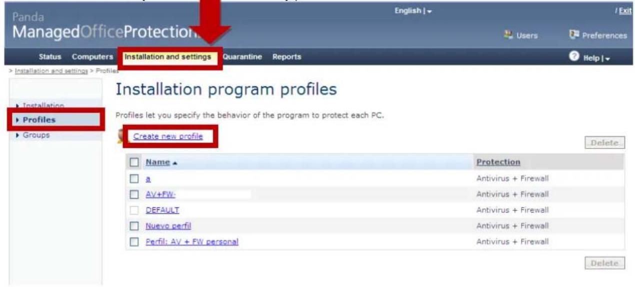 Panda ManagedOfficeProtection Status Computers Installation and settings Quarantine Reports Help Installation and settings > Profiles Installation program profiles Profiles let you specify the behavior of the program to protect each PC. Groups Create new profile Name Protection a Antivirus + Firewall AV+FW Antivirus + Firewall DEFAULT Antivirus + Firewall Nuevo perfil Antivirus + Firewall Perfil: AV + FW personal Antivirus + Firewall Delete