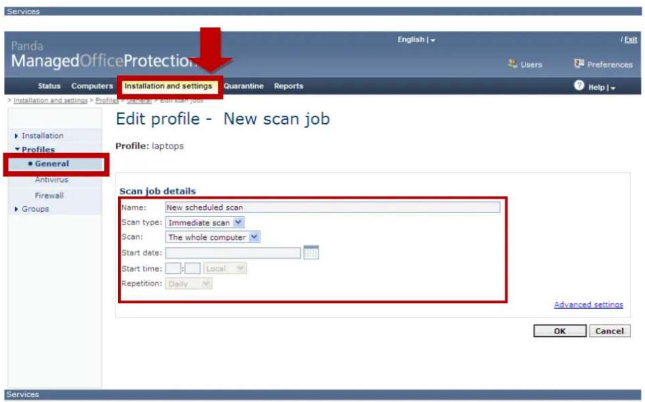 Services Panda ManagedOfficeProtection Status Computers Installation and settings Quarantine Reports Help | Installation and settings Profile: General Edit scan job Edit profile - New scan job Profile: laptops Scan job details Name: New scheduled scan Scan type: Immediate scan Scan: The whole computer Start date: Start time: Local Repetition: Daily Advanced settings OK Cancel Services