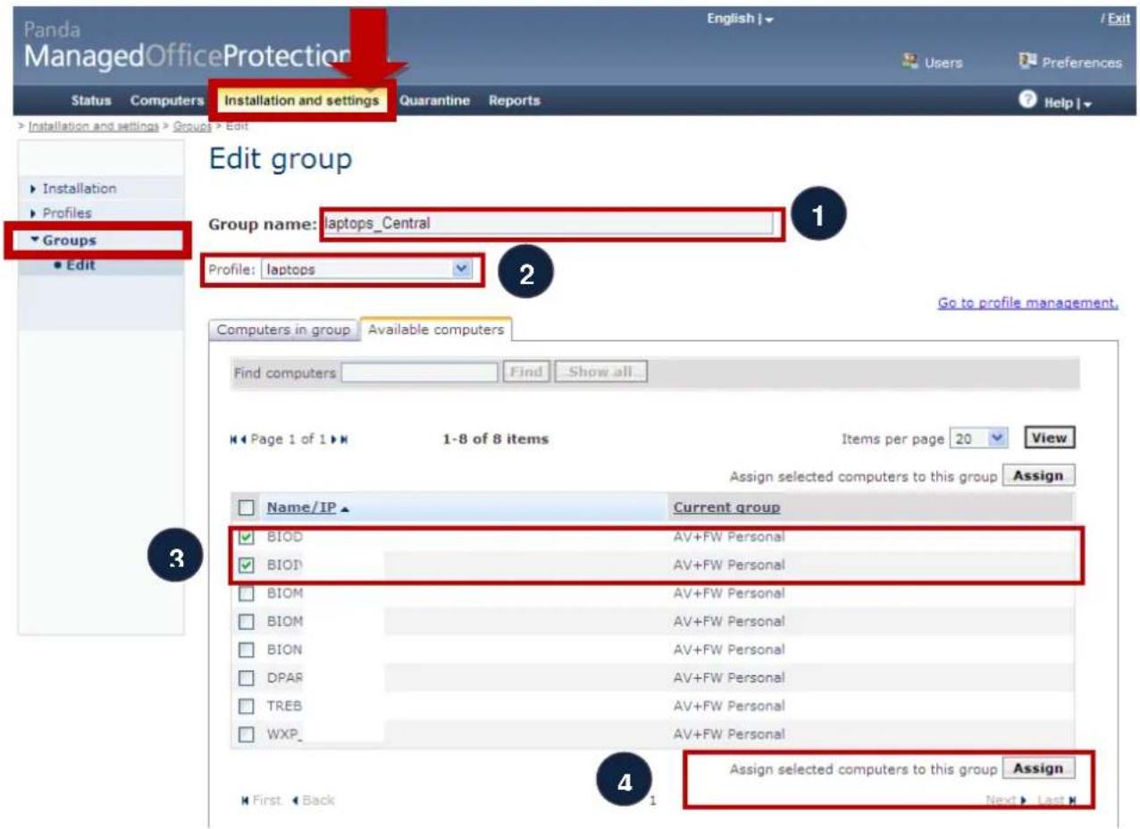 Panda ManagedOfficeProtection Status Computers Installation and settings English | Users Preferences Installation and settings > Groups > Edit ► Installation ► Profiles ► Groups ► Edit Edit group Group name: laptops_Central Profile: laptops 1 Go to profile management. Computers in group Available computers Find computers Find Show all... Page 1 of 1 ▶ 1-8 of 8 items Items per page 20 View Assign selected computers to this group Assign Name/IP ▶ Current group BIOD AV+FW Personal BIOD AV+FW Personal BIOM AV+FW Personal BIOM AV+FW Personal BION AV+FW Personal DPAR AV+FW Personal TREB AV+FW Personal WXP AV+FW Personal 4 Assign selected computers to this group Assign First Back Next Last