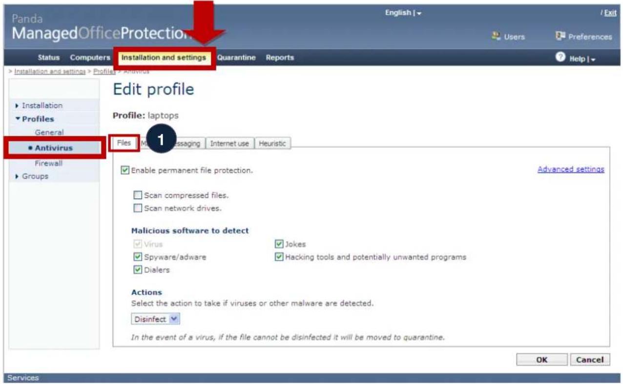 Panda ManagedOfficeProtection Status Computers Installation and settings Quarantine Reports Help Installation and settings > Profiles > Antivirus ► Installation ► Profiles General ► Antivirus Firewall ► Groups Edit profile Profile: laptops Files Manual Messaging Internet use Heuristic 1 Enable permanent file protection. Scan compressed files. Scan network drives. Malicious software to detect Virus Jokes Spyware/adware Hacking tools and potentially unwanted programs Dialers Actions Select the action to take if viruses or other malware are detected. Disinfect In the event of a virus, if the file cannot be disinfected it will be moved to quarantine. OK Cancel Services