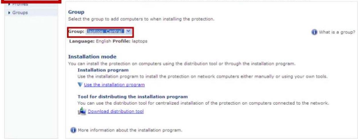 Groups ► Profiles ► Groups Group Select the group to add computers to when installing the protection. Group: laptops Central Language: English Profile: laptops Installation mode You can install the protection on computers using the distribution tool or through the installation program. Installation program Use the installation program to install the protection on network computers either manually or using your own tools. ► Use the installation program Tool for distributing the installation program You can use the distribution tool for centralized installation of the protection on computers connected to the network. ► Download distribution tool ► More information about the installation program.