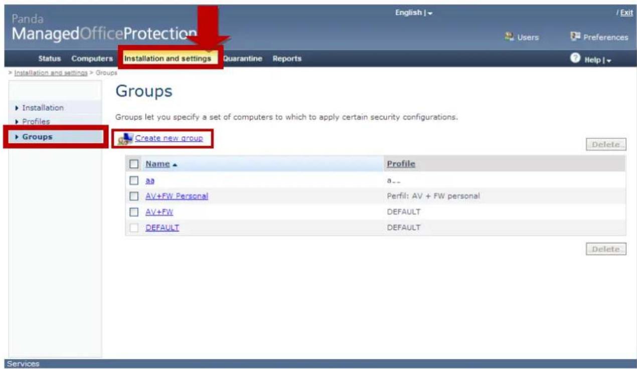 Panda ManagedOfficeProtection Status Computers Installation and settings Quarantine Reports Help | ► Installation and settings > Groups ► Installation ► Profiles ► Groups Groups let you specify a set of computers to which to apply certain security configurations. Create new group Delete Name Profile a0 a_- AV+FW Personal Perfil: AV + FW personal AV+FW DEFAULT DEFAULT DEFAULT Delete Services