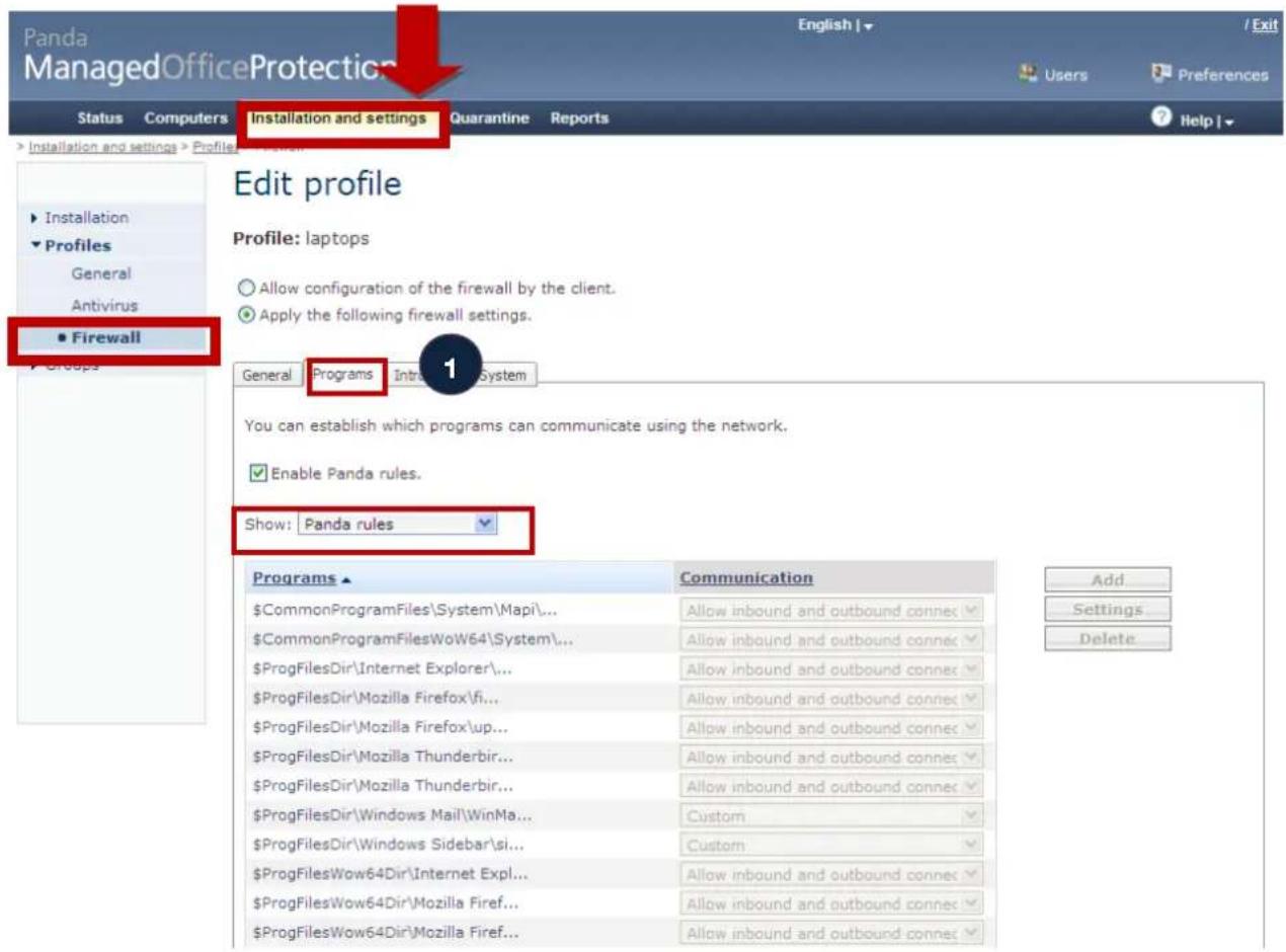 Panda ManagedOfficeProtection Status Computers Installation and settings Quarantine Reports English | / Exit ► Installation ► Profiles General Antivirus ● Firewall ► Groups Edit profile Profile: laptops ○ Allow configuration of the firewall by the client. ● Apply the following firewall settings. General Programs Intrane System 1 You can establish which programs can communicate using the network. ✓ Enable Panda rules. Show: Panda rules Programs ▲ Communication $CommonProgramFiles\System\Mapi\... Allow inbound and outbound connec $CommonProgramFilesWoW64\System\... Allow inbound and outbound connec $ProgFilesDir\Internet Explorer\... Allow inbound and outbound connec $ProgFilesDir\Mozilla Firefox\fi... Allow inbound and outbound connec $ProgFilesDir\Mozilla Firefox\up... Allow inbound and outbound connec $ProgFilesDir\Mozilla Thunderbir... Allow inbound and outbound connec $ProgFilesDir\Mozilla Thunderbir... Allow inbound and outbound connec $ProgFilesDir\Windows Mail\WinMa... Custom $ProgFilesDir\Windows Sidebar\si... Custom $ProgFilesWow64Dir\Internet Expl... Allow inbound and outbound connec $ProgFilesWow64Dir\Mozilla Firef... Allow inbound and outbound connec $ProgFilesWow64Dir\Mozilla Firef... Allow inbound and outbound connec Add Settings Delete