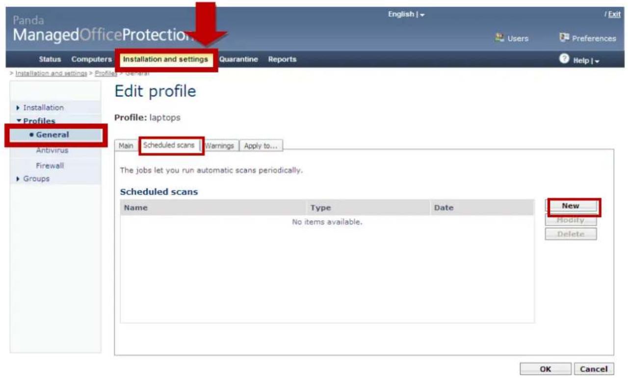 Panda ManagedOfficeProtection Status Computers Installation and settings Quarantine Reports Help | Installation and settings General Profile: laptops Main Scheduled scans Warnings Apply to... The jobs let you run automatic scans periodically. Scheduled scans Name Type Date New No items available. Modify Delete OK Cancel