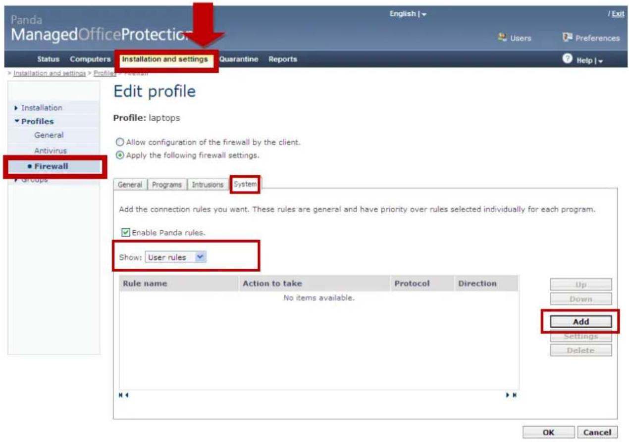 Panda ManagedOfficeProtection Status Computers Installation and settings Quarantine Reports Installation and settings Help ► Installation ► Profiles General Antivirus ● Firewall ► Groups Edit profile Profile: laptops ○ Allow configuration of the firewall by the client. ● Apply the following firewall settings. General Programs Intrusions System Add the connection rules you want. These rules are general and have priority over rules selected individually for each program. ✓ Enable Panda rules. Show: User rules ✓ Rule name Action to take Protocol Direction No items available. Up Down Add Settings Delete OK Cancel