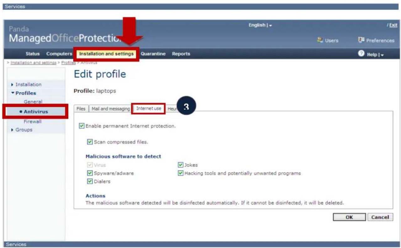Services Panda ManagedOfficeProtection Status Computers Installation and settings Quarantine Reports Installation and settings > Profiles > Antivirus ► Installation ► Profiles General ● Antivirus Firewall ► Groups Edit profile Profile: laptops Files Mail and messaging Internet use Heur 3 Enable permanent Internet protection. Scan compressed files. Malicious software to detect Virus Jokes Spyware/adware Hacking tools and potentially unwanted programs Dialers Actions The malicious software detected will be disinfected automatically. If it cannot be disinfected, it will be deleted. OK Cancel Services