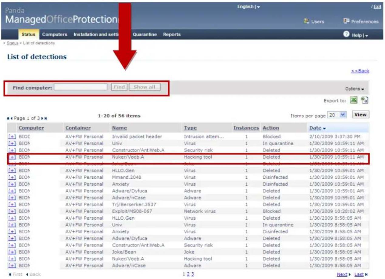 Panda ManagedOfficeProtection Status Computers Installation and setti Quarantine Reports English | Status List of detections List of detections <