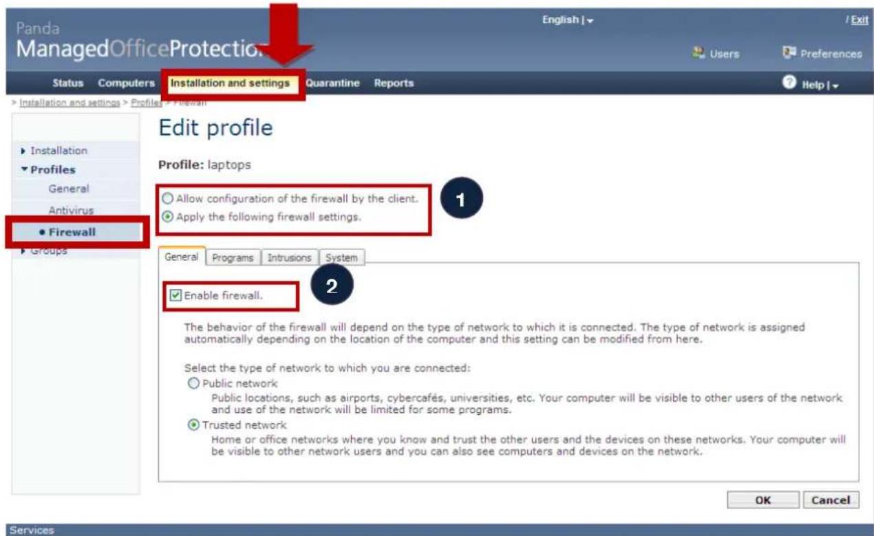 Panda ManagedOfficeProtection Status Computers Installation and settings Quarantine Reports Installation and settings Help ► Installation ► Profiles General Antivirus ● Firewall ► Groups Edit profile Profile: laptops ○ Allow configuration of the firewall by the client. ● Apply the following firewall settings. General Programs Intrusions System ■ Enable firewall. The behavior of the firewall will depend on the type of network to which it is connected. The type of network is assigned automatically depending on the location of the computer and this setting can be modified from here. Select the type of network to which you are connected: ○ Public network Public locations, such as airports, cybercafés, universities, etc. Your computer will be visible to other users of the network and use of the network will be limited for some programs. ● Trusted network Home or office networks where you know and trust the other users and the devices on these networks. Your computer will be visible to other network users and you can also see computers and devices on the network. OK Cancel Services