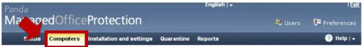 Panda ManagedOfficeProtection English | Users Preferences Status Computers Installation and settings Quarantine Reports Help |