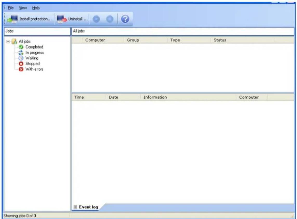 File View Help Install protection... Uninstall... Jobs All jobs All jobs Completed In progress Waiting Stopped With errors Computer Group Type Status Time Date Information Computer Event log Showing jobs 0 of 0
