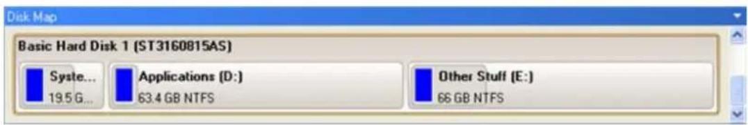 Disk Map Basic Hard Disk 1 (ST3160815AS) Syste... 19.5 G... Applications (D:) 63.4 GB NTFS Other Stuff (E:) 66 GB NTFS