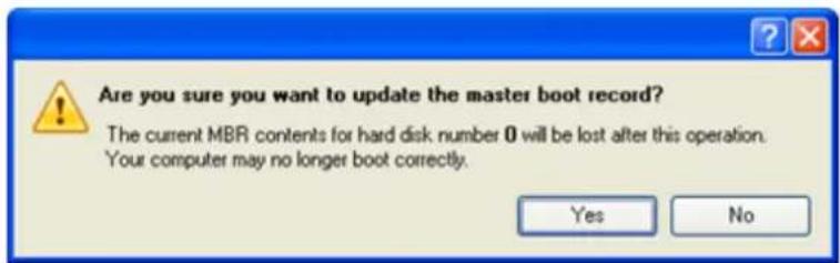 Are you sure you want to update the master boot record? The current MBR contents for hard disk number 0 will be lost after this operation. Your computer may no longer boot correctly. Yes No
