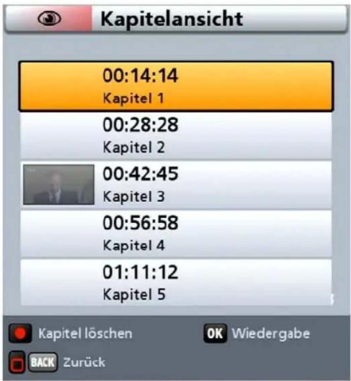 Kapitelansicht 00:14:14 Kapitel 1 00:28:28 Kapitel 2 00:42:45 Kapitel 3 00:56:58 Kapitel 4 01:11:12 Kapitel 5 Kapitel löschen OK Wiedergabe BACK Zurück