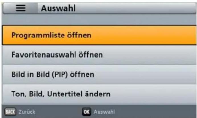 ≡ Auswahl Programmliste öffnen Favoritenauswahl öffnen Bild in Bild (PIP) öffnen Ton, Bild, Untertitel ändern BACK Zurück OK Auswahl
