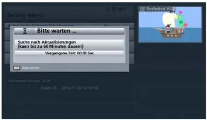Service-Monü Bitte warten ... Suche nach Aktualisierungen (kann bis zu 60 Minuten dauern) Vergangene Zeit: 00:03 Sec Abbrachen Software-Version: 2.01 (Buils 25 - 2010-11-16/16/18/10)