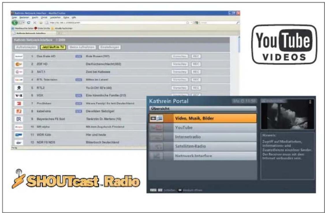 Kathrein Network Interface - Amblift Series Gewen: Bestenzen, Pach: Change, Leistungen, Optus, glt Hindrauchte Satien: Erste Schitz, Aktie Sachanzen Kathrein Network Interface Kathrein Netzvere-Interface © 2009 Aufnahmeplan: Jetzt lauf im TV Meine Aufnahmen Einstellungen 1. Das Grube HD 2. ZDF HD 3. SAT.1 4. RTL Television 5. RTL2 6. VOX 7. Pro Steben 8. kabelink 9. Bayerachesa FS Süd 10. BRI alpha 11. WDR Kolo 12. NDR FS NOS Kathrein Portal Übersicht Video, Musik, Bilder YouTube Internetradio Satelliten-Radio Netzwerk-Interface Mo © 11:50 You Tube VIDEOS Kathrein Portal Video, Musik, Bilder YouTube Internetradio Satelliten-Radio Netzwerk-Interface Risweiz: Zugniff auf Mediatheken, informations- und Zusatzdienste einzelner Sender. Der Receiver muss mit dem Internet verbundes sein. SHOUTcast - Radio