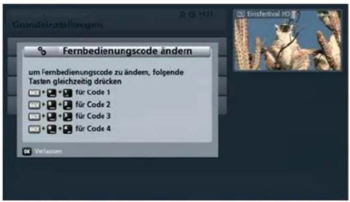 Grundeinstallungen Fernbedienungscode ändern um Fernbedienungscode zu ändern, folgende Tasten gleichzeitig drücken MCK + + für Code 1 MCK + + für Code 2 MCK + + für Code 3 MCK + + für Code 4 OK Verleisten