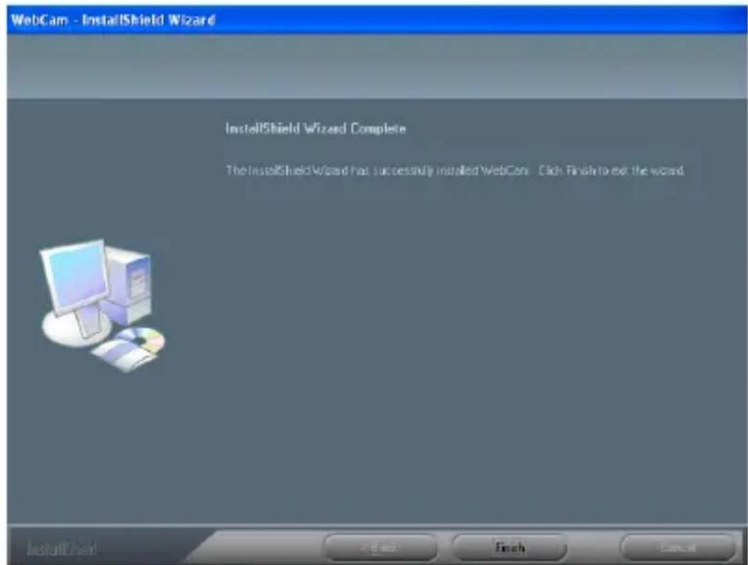 WebCam - InstallShield Wizard InstallShield Wizard Complete The InstallShield Wizard has successfully installed WebCam - Click Finish to exit the wizard.
