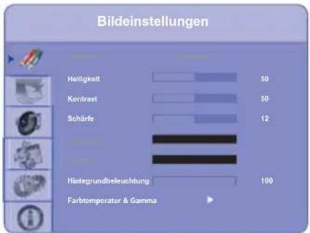 Bildeinstellungen Heiligkeit 50 Kontrast 50 Schärfe 12 Histrundbeleuchtung 100 Farbtomporatur & Gamma