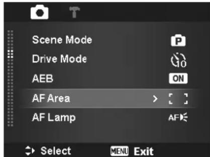 Scene Mode Drive Mode AEB AF Area AF Lamp Select MENU Exit