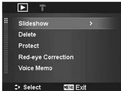 Slideshow Delete Protect Red-eye Correction Voice Memo Select MENU Exit