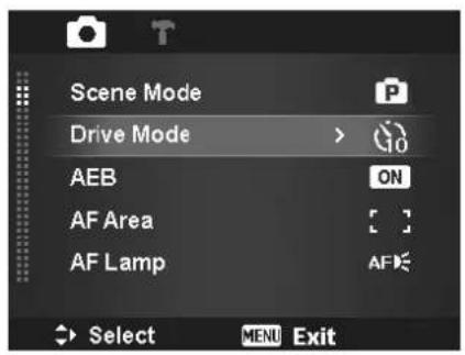 Scene Mode Drive Mode > AEB AF Area AF Lamp Select MENU Exit