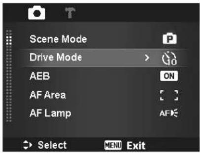 Scene Mode Drive Mode > AEB AF Area AF Lamp Select MENU Exit