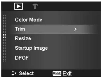 Color Mode Trim Resize Startup Image DPOF Select MENU Exit
