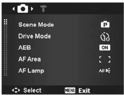 Scene Mode Drive Mode AEB AF Area AF Lamp Select MENU Exit