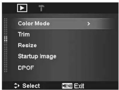 Color Mode Trim Resize Startup Image DPOF Select MENU Exit
