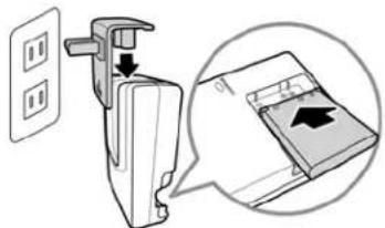 Diagram showing a device with a downward arrow and a magnified view of a document with an arrow indicating direction.