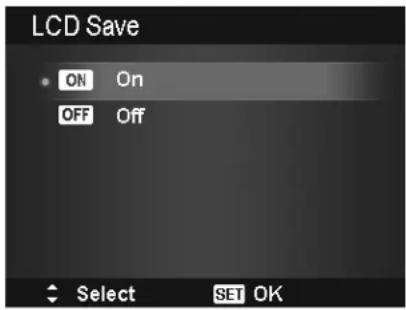 LCD Save ON On OFF Off Select SET OK