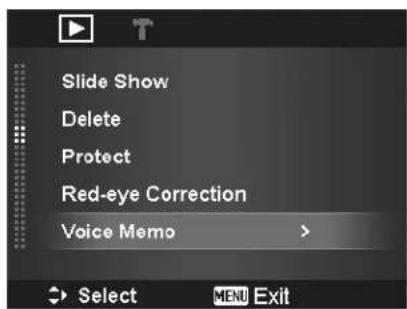 Slide Show Delete Protect Red-eye Correction Voice Memo > Select MEN Exit