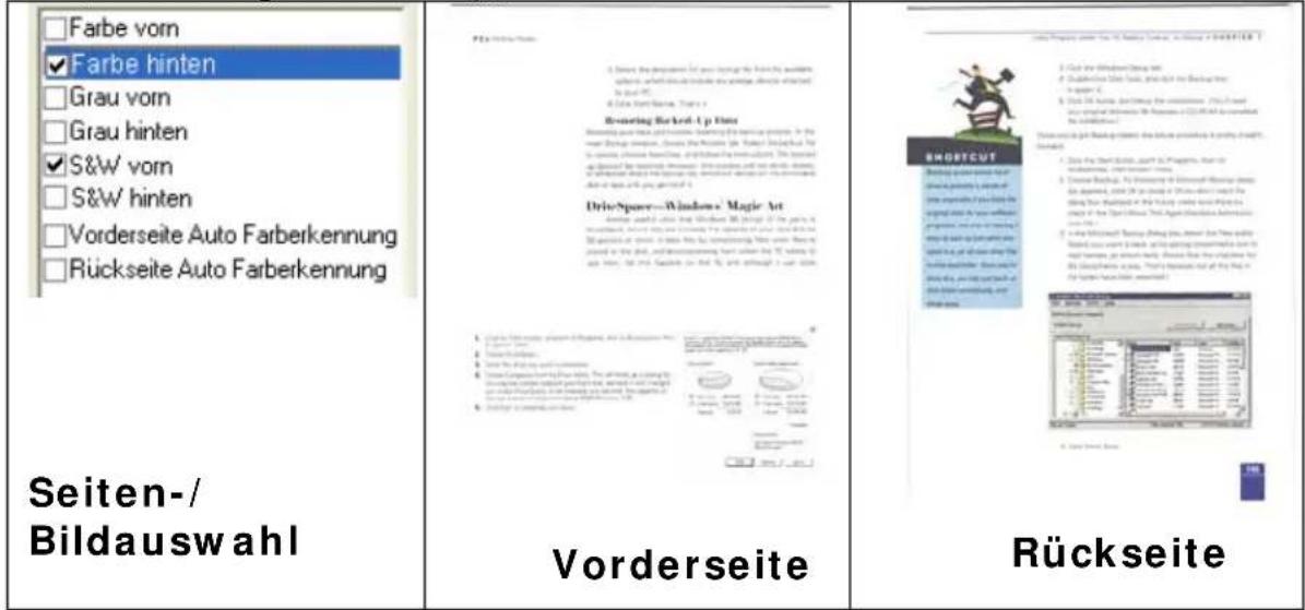 Farbe vorn Farbe hinten Grau vorn Grau hinten S&W vorn S&W hinten Vorderseite Auto Farberkennung Rückseite Auto Farberkennung Seiten-/ Bildauswahl Vorderseite Rückseite