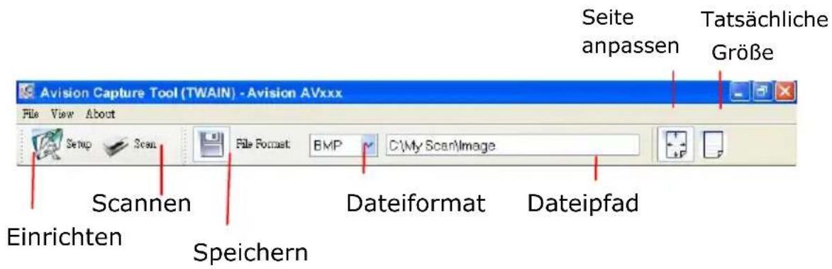 Seite anpassen Tatsächliche Größe Avision Capture Tool (TWAIN) - Avision AVxxx File View About Setup Scan File Format BMP C:\My Scan\Image Scannen Dateiformat Dateipfad Einrichten Speichern