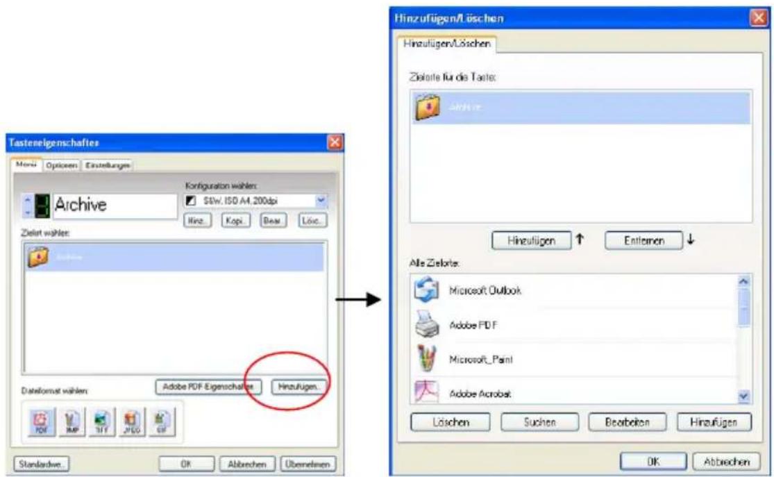 Hinzufügen/Löschen Hinzufügen/Löschen Zielorte für die Taste: Archive Hinzufügen ↑ Entlemen ↓ Alle Zielots: Microsoft Outlook Adobe PDF Microsoft_Paint Adobe Acrobat Löschen Suchen Bearbecken Hinzufügen Standardize OK Abbrechen Übernehmen OK Abbrevien