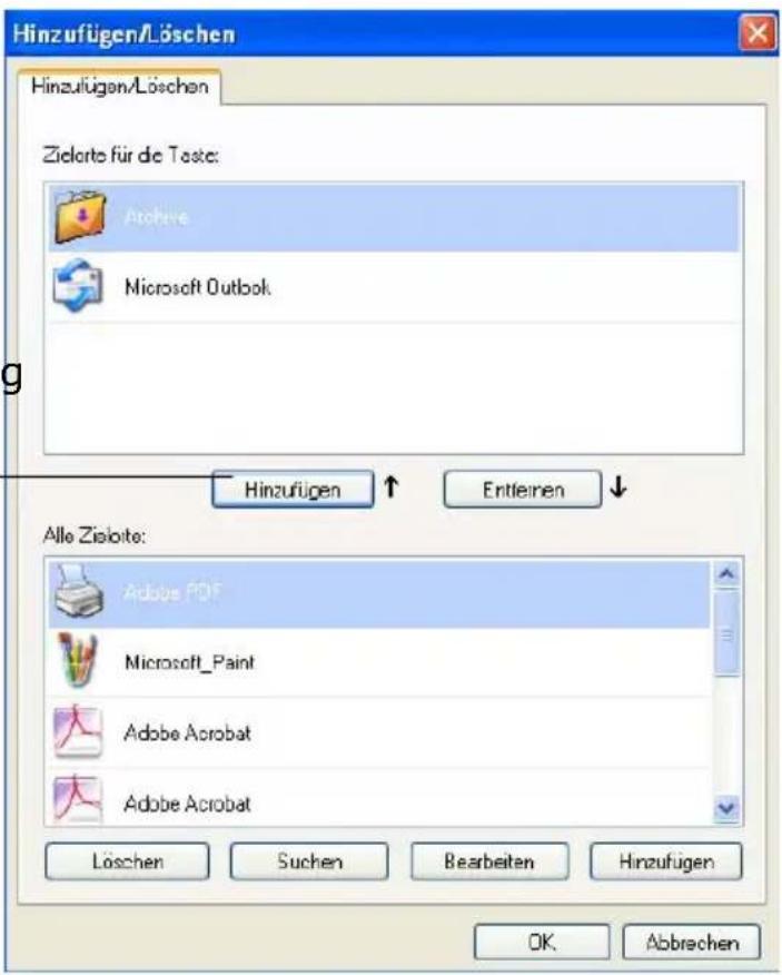 Hinzufügen/Löschen Hinzufügen/Löschen Zielorte für de Teste: Archive Microsoft Outlook Hinzufügen ↑ Entleinen ↓ Alle Zielorte: Adobe PDF Microsoft_Paint Adobe Acrobat Adobe Acrobat Löschen Suchen Bearbeiten Hinzufügen OK Abbrechen