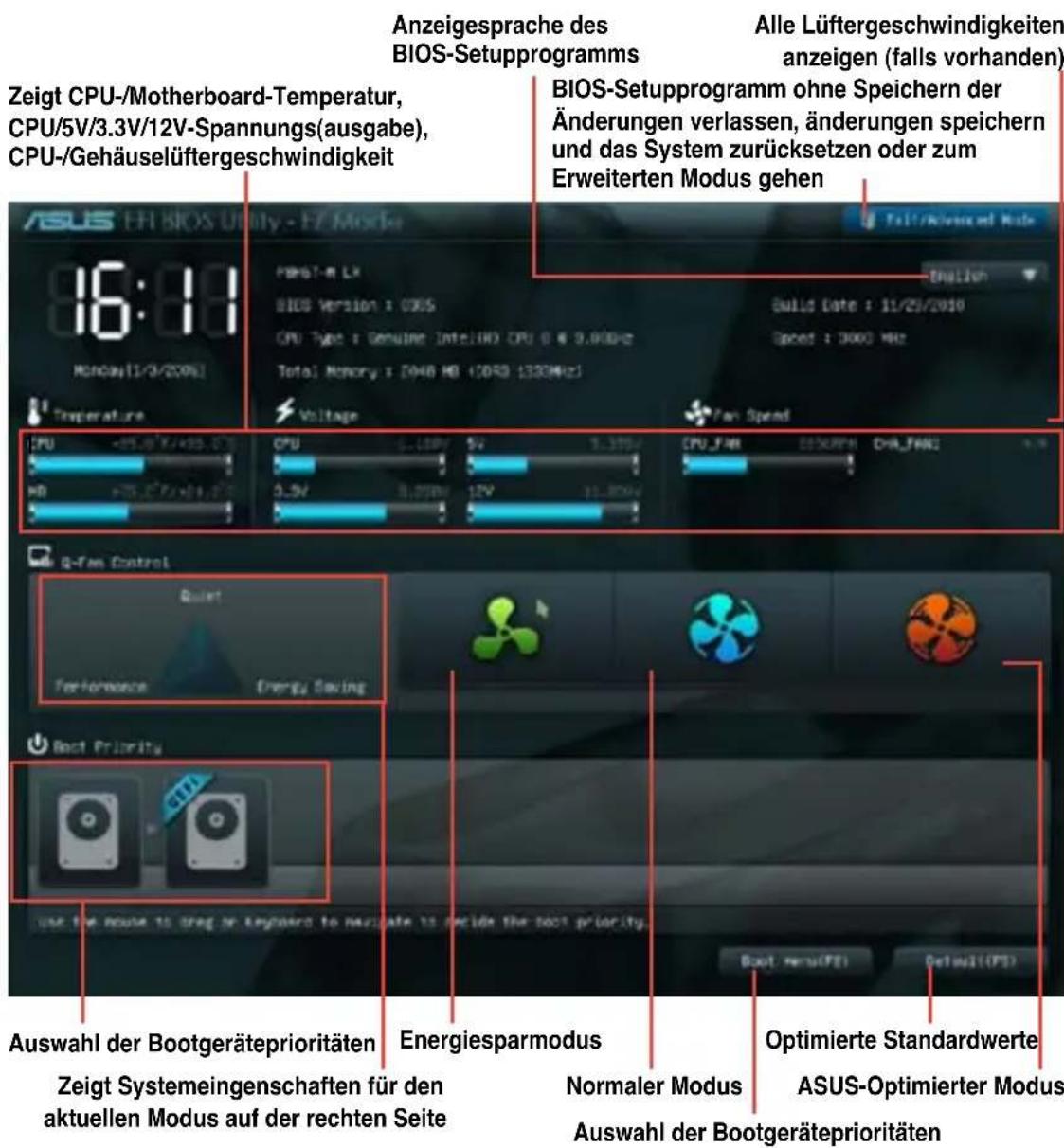 Zeigt CPU-/Motherboard-Temperatur, CPU/5V/3.3V/12V-Spannungs(ausgabe), CPU-/Gehäuselüftergeschwindigkeit Anzeigesprache des BIOS-Setupprogramms BIOIS-Setupprogramm ohne Speichern der Änderungen verlassen, änderungen speichern und das System zurücksetzen oder zum Erweiterten Modus gehen Alle Lüftergeschwindigkeiten anzeigen (falls vorhanden) ASUS EHI BIOS Utility - EZ/Motor 16:18 Monay/11/2019 Temperature CPU - 16.5V / 4.0V / 5V CPU - 1.5V / 5V CPU - 1.5V / 5V CPU - 1.5V / 5V CPU - 1.5V / 5V Build Date : 11/25/2019 Speed : 3000 MHz Total Memory : 2048 HD (SDR) (330MHz) Voltage Fan Spend Q-Fan Control Performance Energy Saving Boot Priority Use the mouse to drag or keyboard to navigate to rotate the boot priority. Boot - menu(PE) Default(PE) Auswahl der Bootgeräteprioritäten Energiesparmodus Optimierte Standardwerte Zeigt Systemingenschaften für den aktuellen Modus auf der rechten Seite Normaler Modus ASUS-Optimierter Modus Auswahl der Bootgeräteprioritäten Auswahl der Bootgeräteprioritäten Energiesparmodus Normaler Modus ASUS-Optimierter Modus