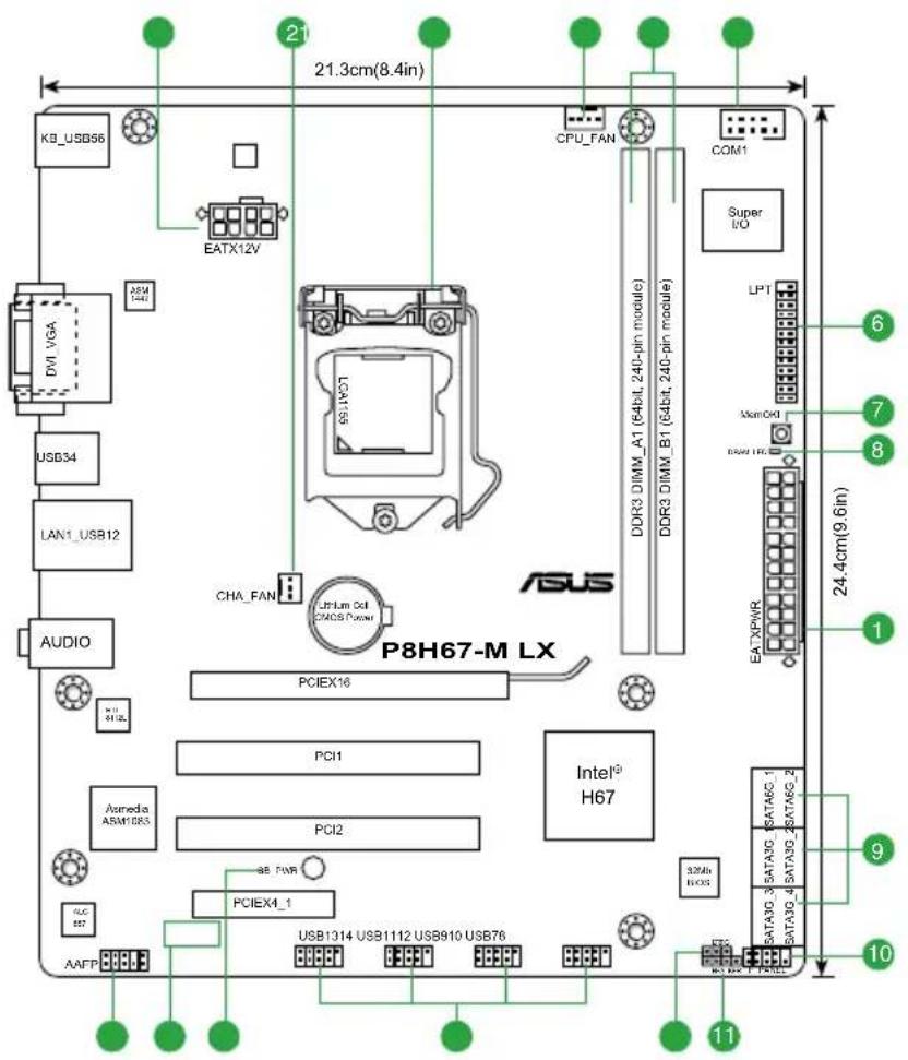 21.3cm(8.4in) KB_USB56 EATX12V CPU_FAN COM1 Super I/O DVI VGA USB34 LAN1_USB12 AUDIO CHA_FAN Lithium Cell CAMS Power P8H67-M LX PCIEX16 PCI1 PCI2 ASmedia ASM103 PCIEX4_1 USB1314 USB1112 USB910 USB76 AS CPU1 PCI2 AS FWR PCIEX4_1 ASATA3G 3 SATA6C 1 SATA3G 4 SATA6G 2 SATA3G 3 SATA6C 1 SATA3G 4 SATA6G 2 320kb BOS EA-IP 7 FAM2 24.4cm(9.6in) 6 7 8 1 9 10 11