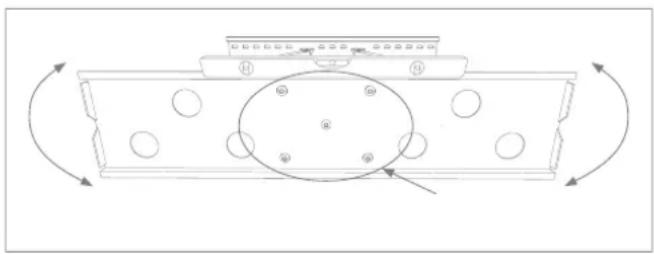 Technical diagram of a mechanical component with circular holes and a central oval feature, surrounded by curved arrows indicating rotation or movement (no text or symbols)