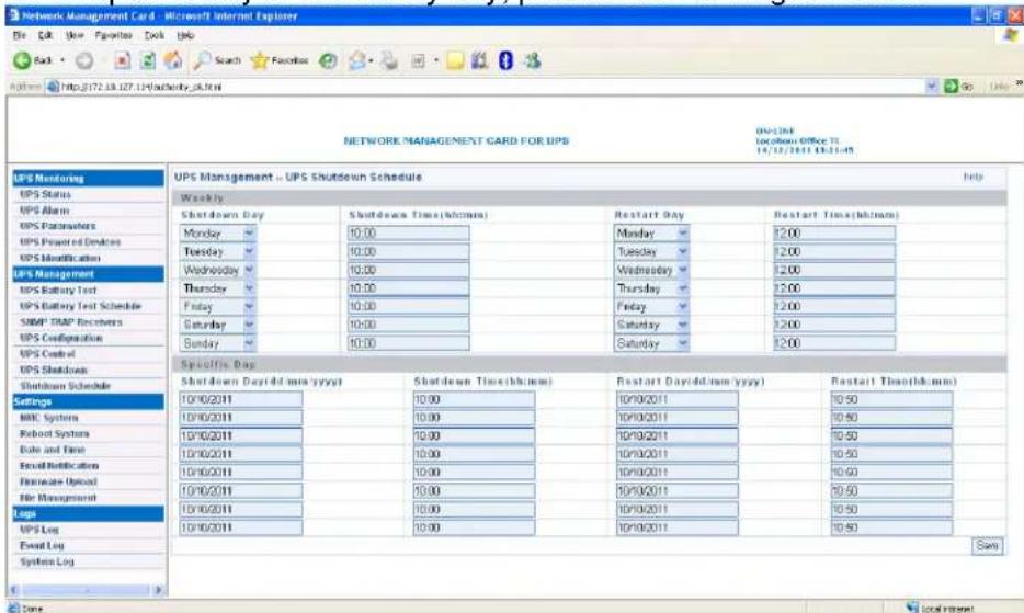 BlueWalker SNMP NMC Card - UPS Shutdown Schedule menu - 1