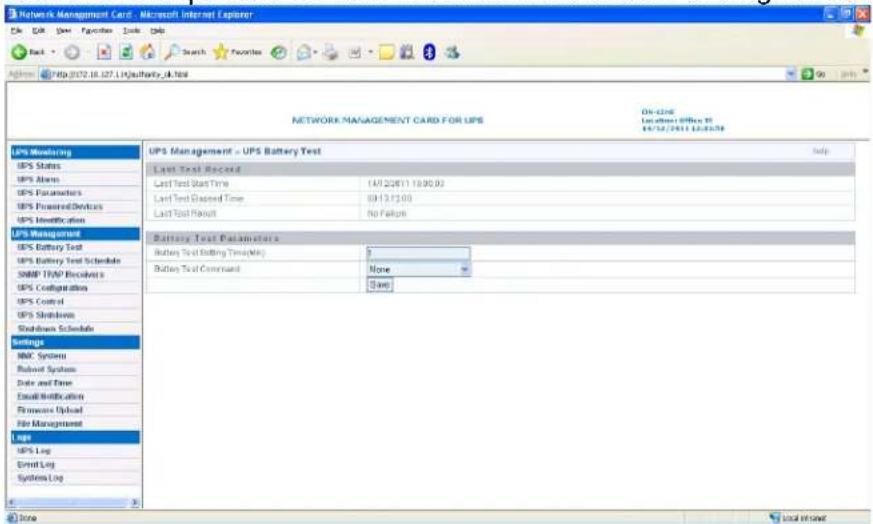 BlueWalker SNMP NMC Card - UPS Battery Test menu - 1