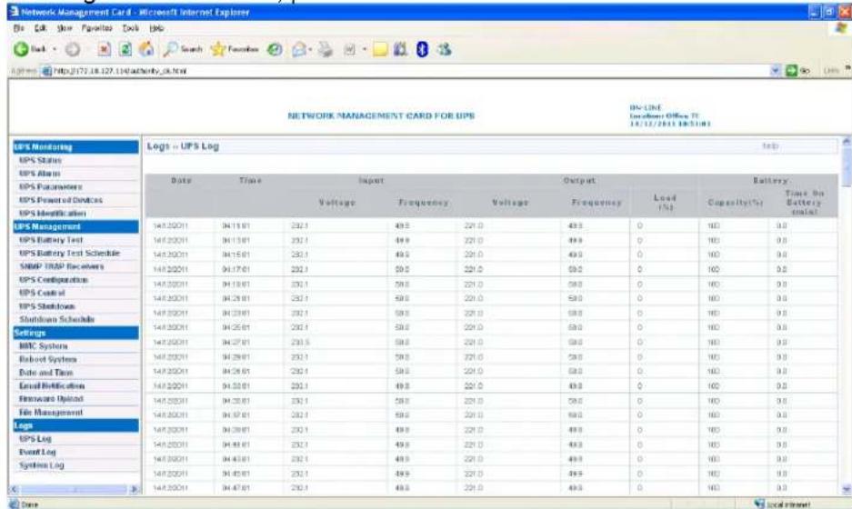 BlueWalker SNMP NMC Card - UPS Log menu - 1