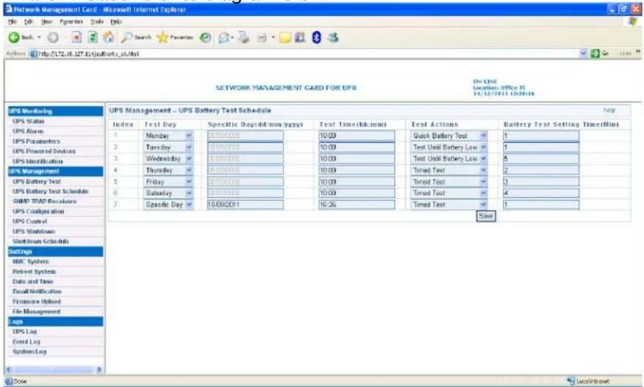 BlueWalker SNMP NMC Card - UPS Battery Test Schedule menu - 1