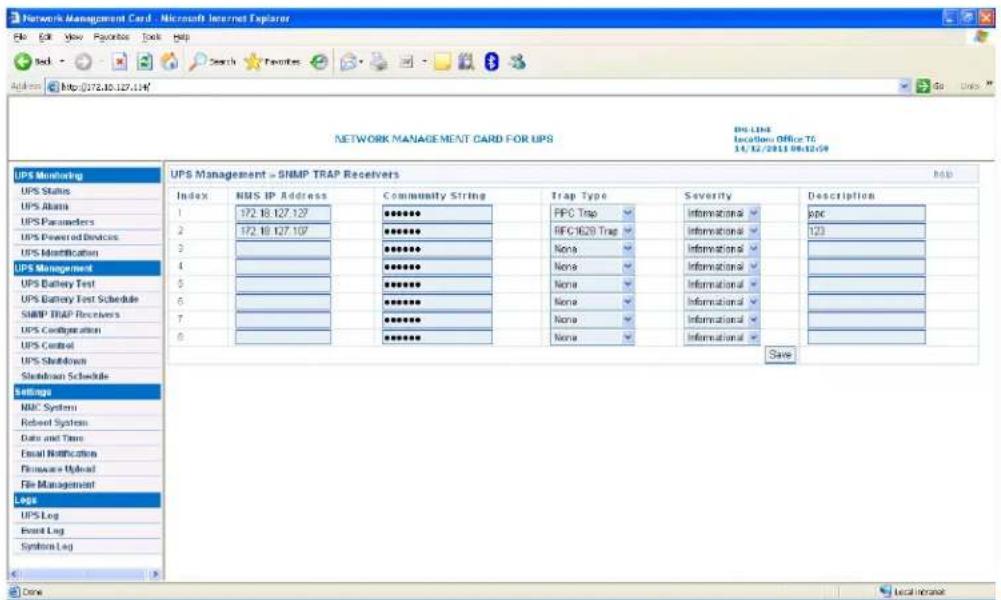 BlueWalker SNMP NMC Card - SNMP TRAP Receivers menu - 1